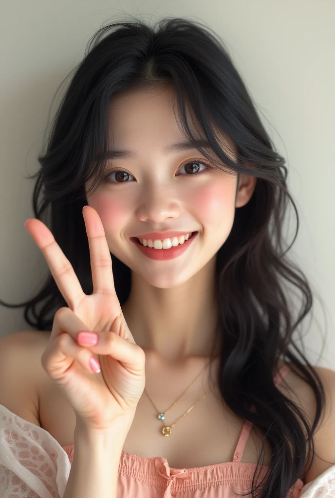 beautiful and sweet Korean girl cheerful, making peace sign with her fingersCabelo comprido, high resolution, laughter, blushful, Bblack hair, high resolution, best qualityer, detail, details altos, HD Model, 品質, high qualiy, super detaill, ultra HD, Surrealism, 真实感, portrait photography, hyper- realism, hyperdetailed, Ukiyo-e,
