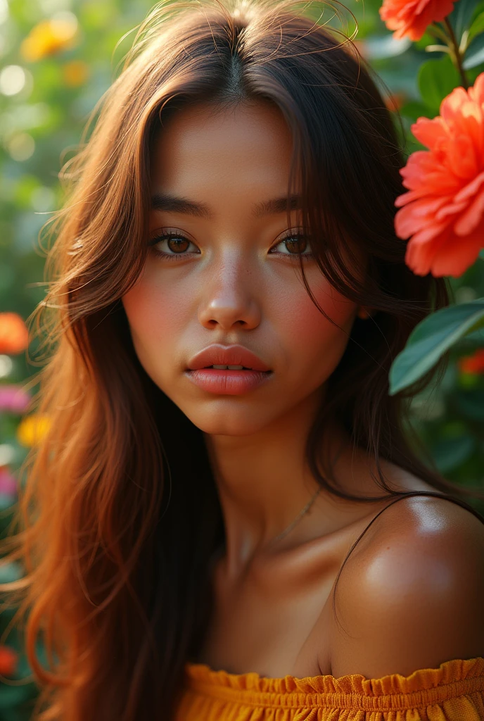 a beautiful girl with long chestnut hair,almond eyes,sharp nose,oval face,plump lips,mexican girl in a colorful setting,detailed facial features,lush landscape,vibrant colors,soft lighting,photorealistic,high quality,intricate details,masterpiece,4k,ultra-detailed