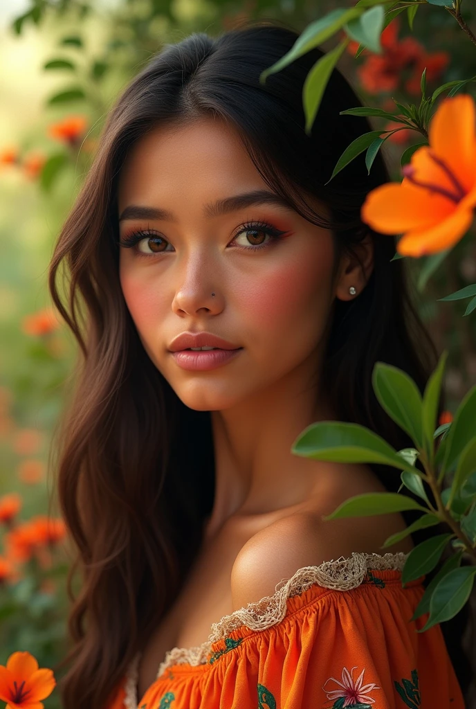 a beautiful girl with long chestnut hair,almond eyes,sharp nose,oval face,plump lips,mexican girl in a colorful setting,detailed facial features,lush landscape,vibrant colors,soft lighting,photorealistic,high quality,intricate details,masterpiece,4k,ultra-detailed