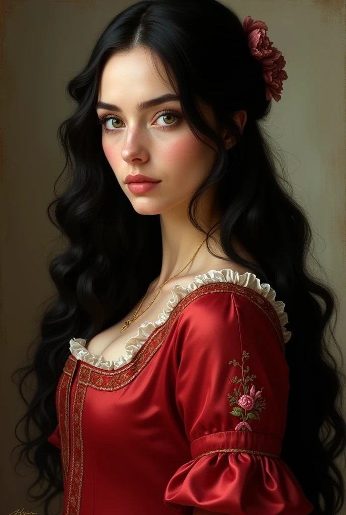 a beautiful woman, black wavy hair, with light green eyes and a red dress from the time of 1472 with pink in her hair 