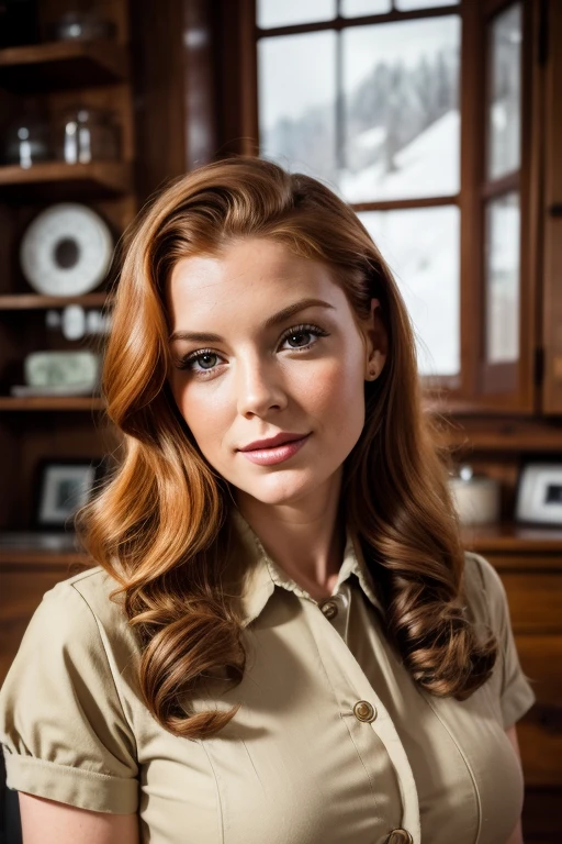 Medium view, of young aged, 30 year old, milf, beautiful woman, face portrait,long hair, ginger hair, 1940s hair style, 1940s world war two nurse uniform, in cozy fjord home 1936,