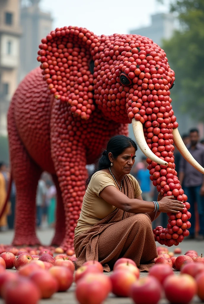 A Indian poor woman  is making a big apple elephant watching people 