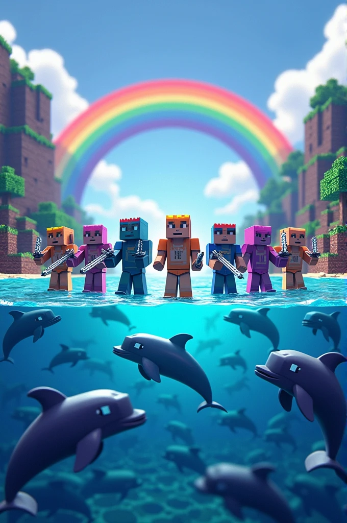 Create a Minecraft-style image showing a sea full of jumping dolphins. About each dolphin, place Minecraft characters wearing full enchanted netherite armor. Be sure to include several vibrant rainbows in the sky, filling the scene with color. The background must be a Minecraft landscape depicting a marine environment. Each character must hold a sword, And also, Each one must have a skin that represents a famous person.