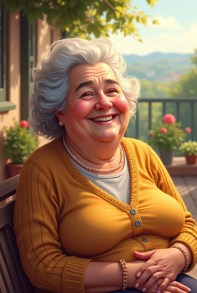 An Italian grandma smiling in the sun, chubby realistic art 
