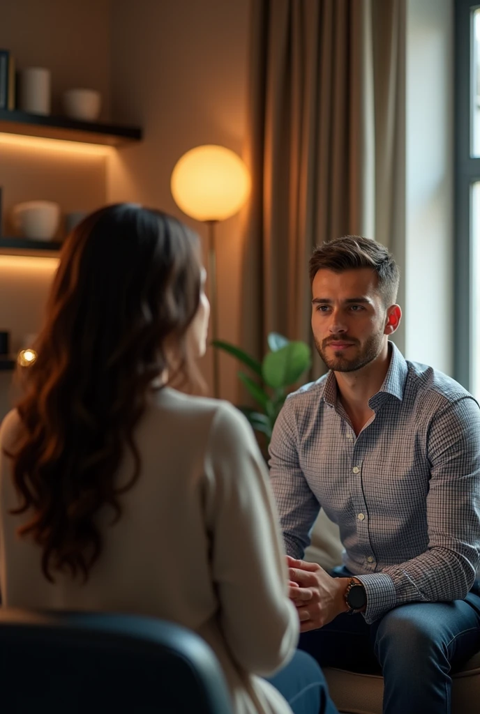 A 2 beautiful pakistani girl is taking interview for job in her office cabin  of a 2 turkish boy who is handsome , fair , with short hair  wearing a check designed shirt and jeans 