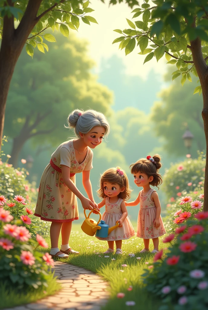 Grandma with two granddaughters in the garden watering flowers