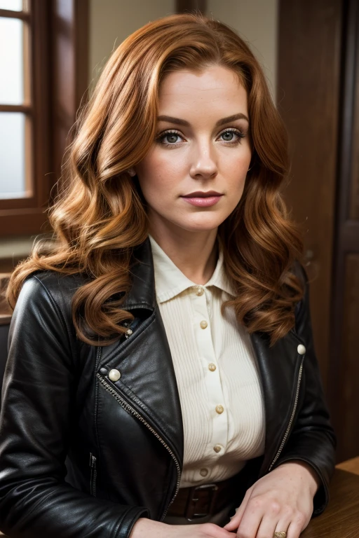 Medium view, of young aged, 30 year old, milf, irish woman, face portrait, irish features,long hair, ginger hair, 1940s hair style, 1940s clothing, black 
leather jacket, in cozy fjord home 1936, sweaty