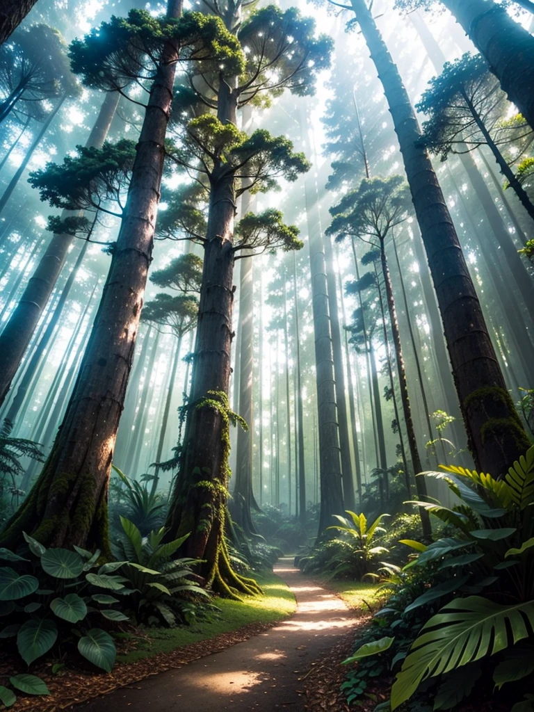 Magical forest, tropical forest, holy forest, white lighting tree, lush trees, masterpiece
