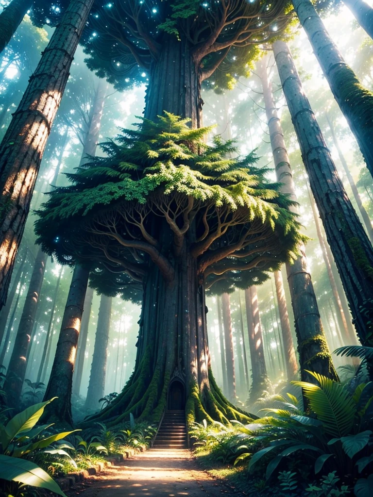 Magical forest, tropical forest, holy forest, white lighting tree, lush trees, masterpiece