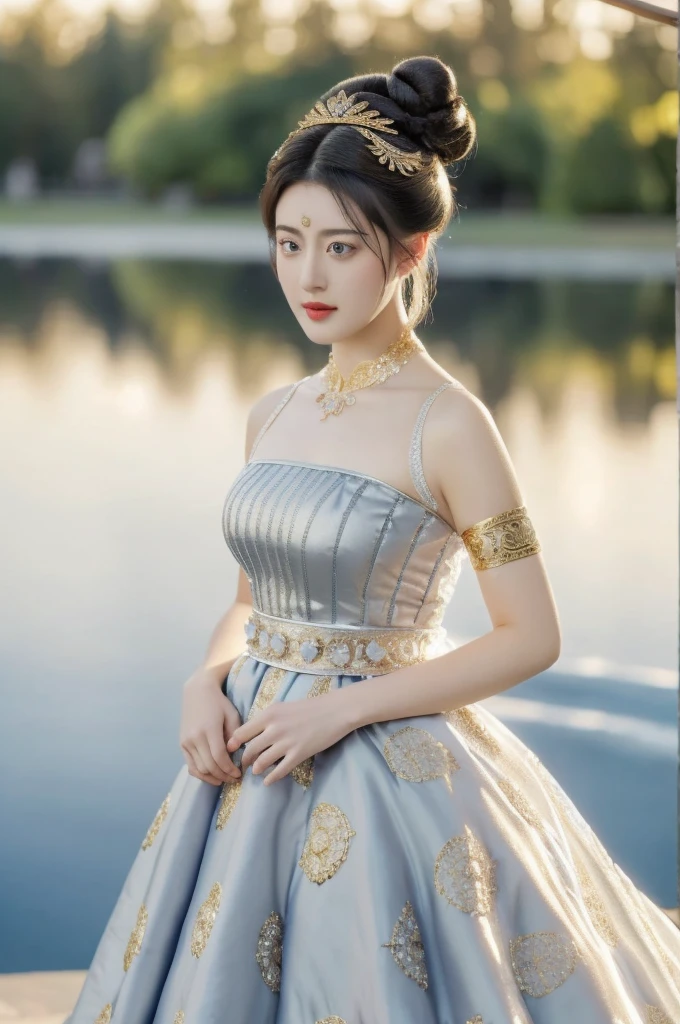 1 girl, alone, masterpiece, Gorgeous metal style，Extreme details, send 1 cloud ice,short hair,髮bun,big hair,hair standing on end,bun, delicate eyes, metal crown，Decorated with ornate stripes, flowing hair, details on face, Clothes made of silver, gold lace dress, ,