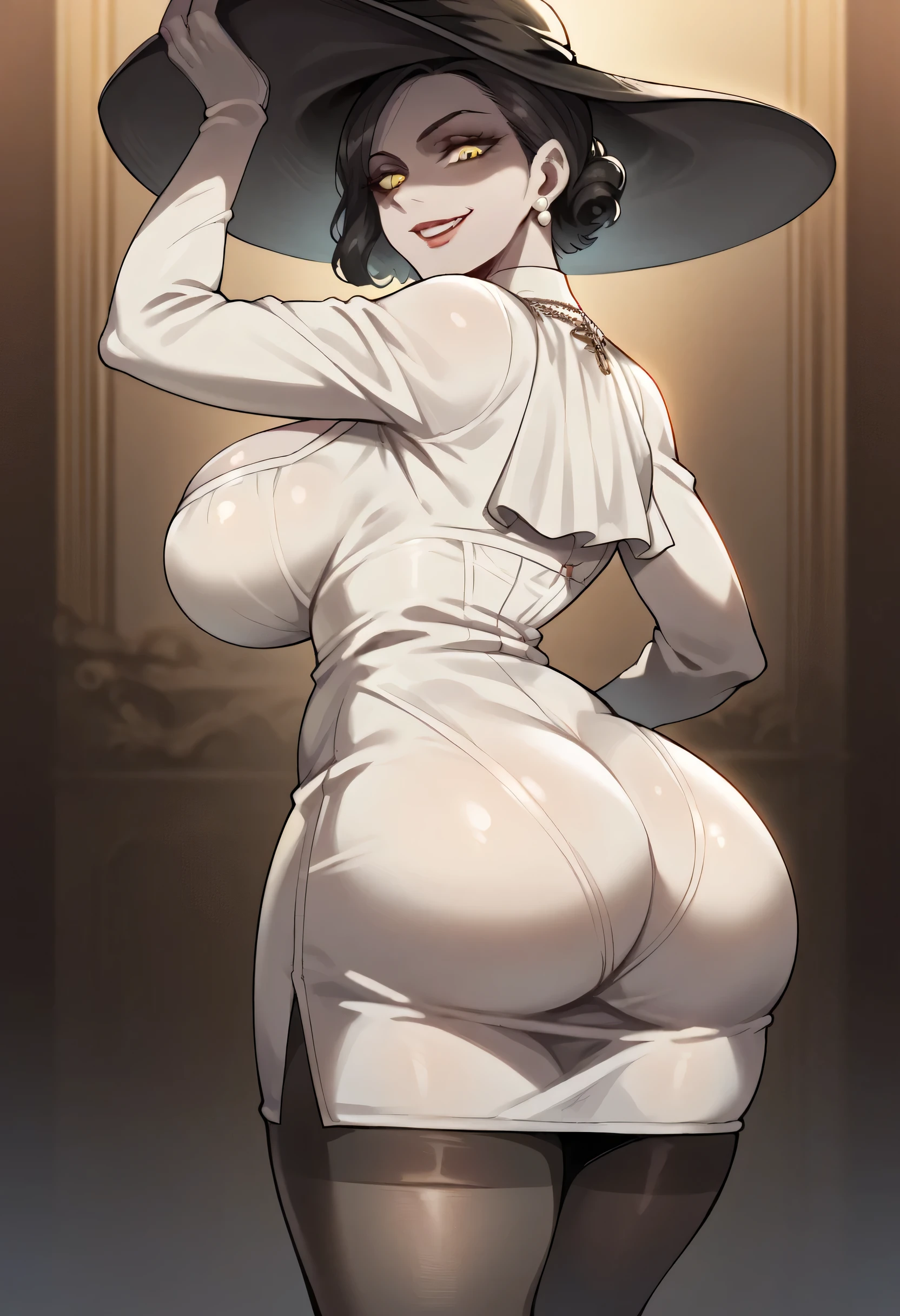 source_anime, best quality, clear face, lady dimitrescu from resident evil, black hair, yellow eyes, short hair, black hat, large breasts, perfect body, looking at viewer, smile, sexy The resident evil clothes, white mini dress, black stockings, in the city club, standing, from behind position, big ass