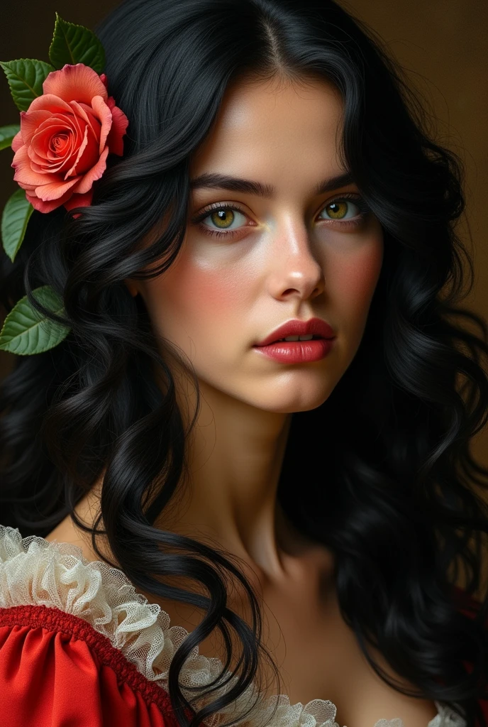 a beautiful woman, black wavy hair, with green eyes and a red dress from the time of 1472 with a rose in her hair