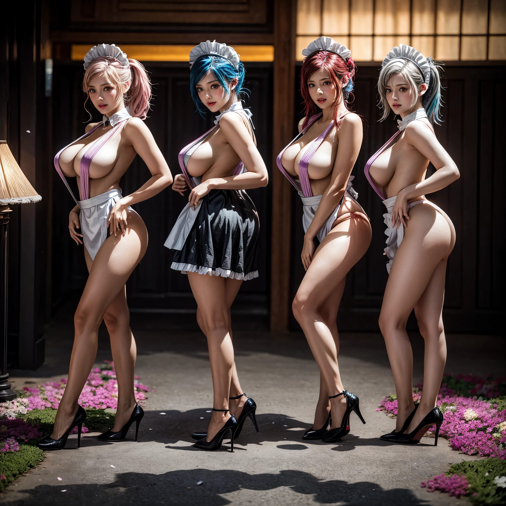 (Full Body of Extremely Detailed((Sexy Maid Group in a row:1.37))), KAWAII perfect face, Reflective Eyes, Detailed(Delicate Clothing textures), Correct Attractive Leg Line, Dynamic Joyful Expressions LifeLike Rendering, Specular Reflection, TopQuality 8K Ultra-detailed masterpiece (ProfessionalPhoto:1.37), (Acutance:0.8), (Luminism:1.28), (((Flower Garden) Petals Dance)Tyndall Effect), Colorful Light particles, ((Full body from side)), {Kissing|Thigh Gap|Cute Peach AssFocus|(NakedApron with Overflowing SideBoob)}, Radiant Fine Skin with Transparency, (Exposed:0.4) {Pure White Hair|Pink Hair|LightBlue Hair|Blonde|Liquid Hair|Red HighHeels}, Perfect Lighting 