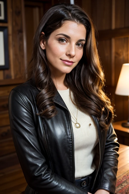 Medium view, of young aged, 30 year old, milf, jewish woman, face portrait, jewish features,long hair, brown hair, 1940s hair style, 1940s clothing, black 
leather jacket, in cozy fjord home 1936, sweaty