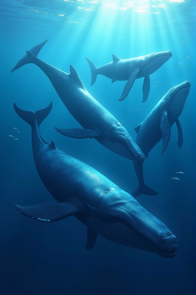 Create an image of several blue whales in the sea