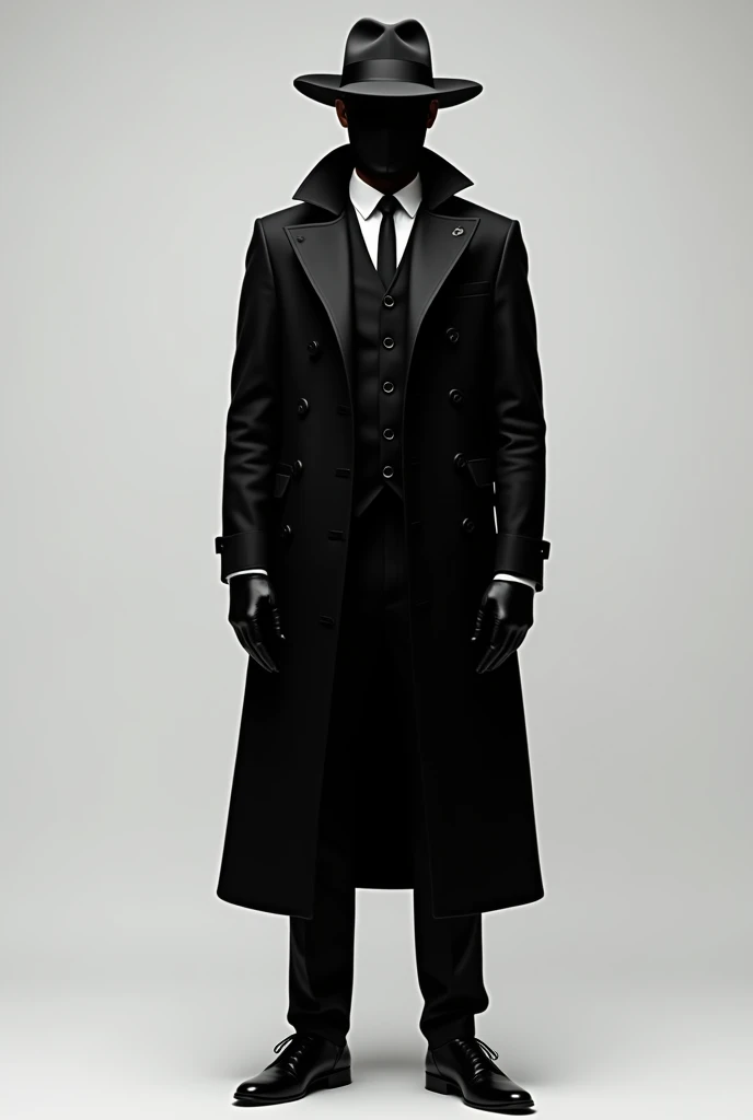 A man wearing a black suit and black tie and a black trench coat and is also wearing black pants and black shoes and a black fedora and has a black mask that fully covers the head and face leaving no trace of the face and is also wearing a white collar and is also wearing black gloves