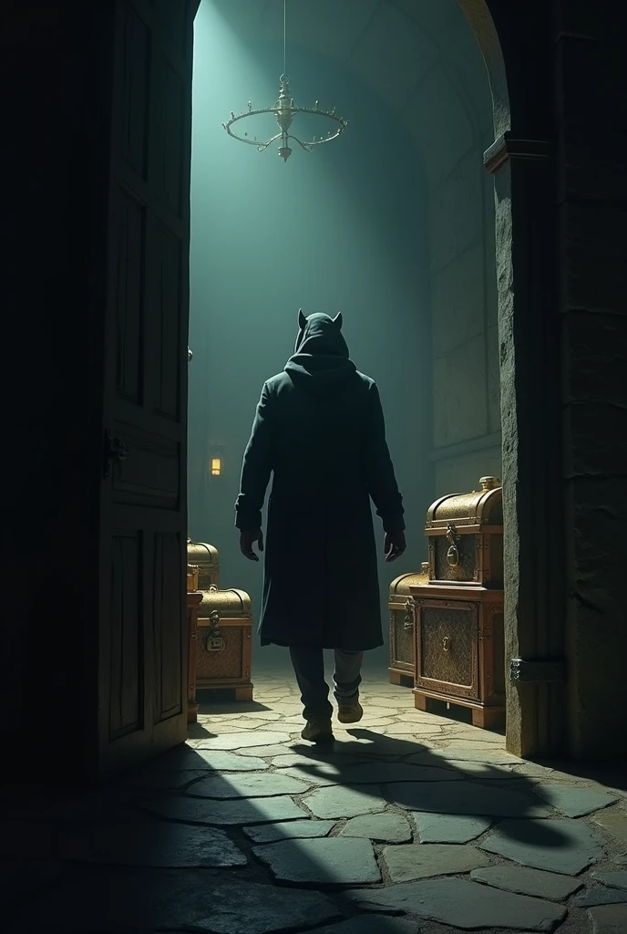 a thief entering through a door towards a room with several chests with different locks, and one of these chests stands out for its shine