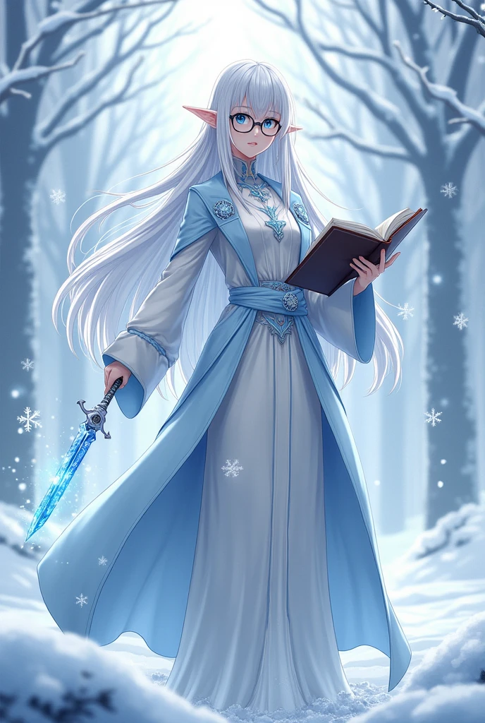 Create an pallid elf woman named Weiss Winterfall. She is a 1 girl with long white hair, snow-pale skin, icy blue eyes, and glasses. She is also a Chronurgy wizard who wields a crystal dagger on her side. She also has an open spellbook in her right hand and a crystal blue wand in her left. Weiss also lives in a country full of snow and ice. Furthermore, draw her with a more mature and intellectual demeanor. Draw her in the Yamada and the seven witches anime style.