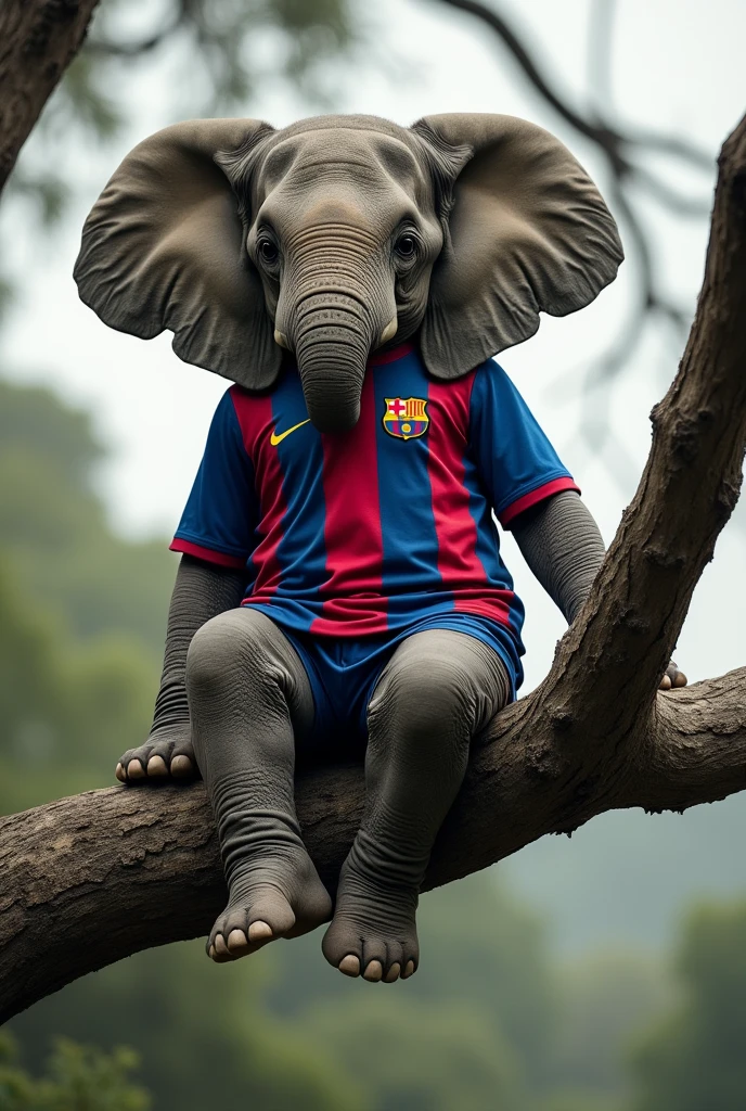 An elephant wearing barcelona jersey sitting like human on a very thick branch of a long dry tree that looks like the elephant might fall with the branch. The photo is for meme purpose. 