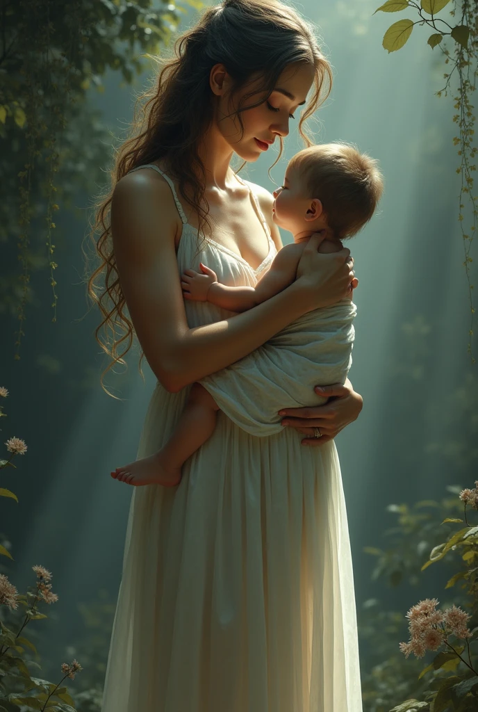 Tall woman breastfeeding short man