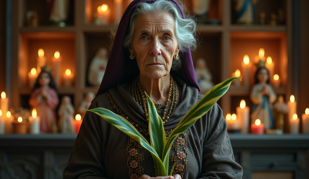 ultra realistic Brazilian northeastern elderly woman healer with two long plants in the shape of thin spears, crossing like an x in front of your chest. The plant is green with light green and dark green stripes throughout with a yellowish edge.. In the background, a house with a shelf with saints and many lit candles.. convey depth. detail of the plants are striped horizontally in green and yellow, imitating the plant Sansevieria trifasciata, The woman wears beautiful, elegant mystical clothes and has a serious and firm face. Behind her we have candles and images of saints and Christ..