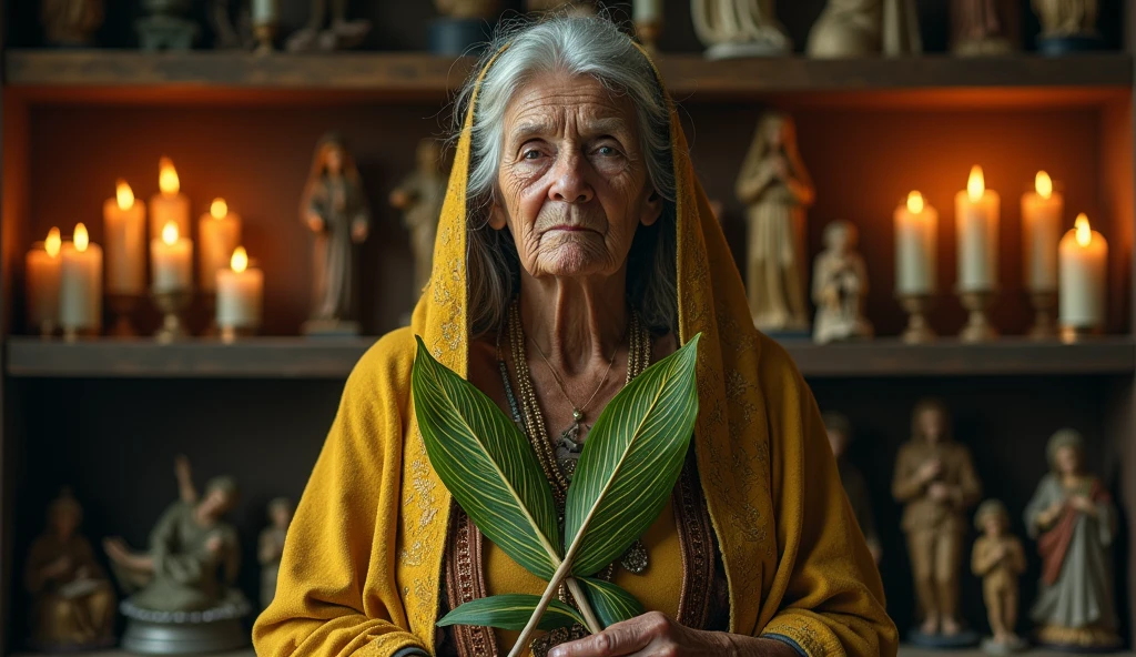 ultra realistic Brazilian northeastern elderly woman healer with two long plants in the shape of thin spears, crossing like an x in front of your chest. The plant is green with light green and dark green stripes throughout with a yellowish edge.. In the background, a house with a shelf with saints and many lit candles.. convey depth. detail of the plants are striped horizontally in green and yellow, imitating the plant Sansevieria trifasciata, The woman wears beautiful, elegant mystical clothes and has a serious and firm face. Behind her we have candles and images of saints and Christ..