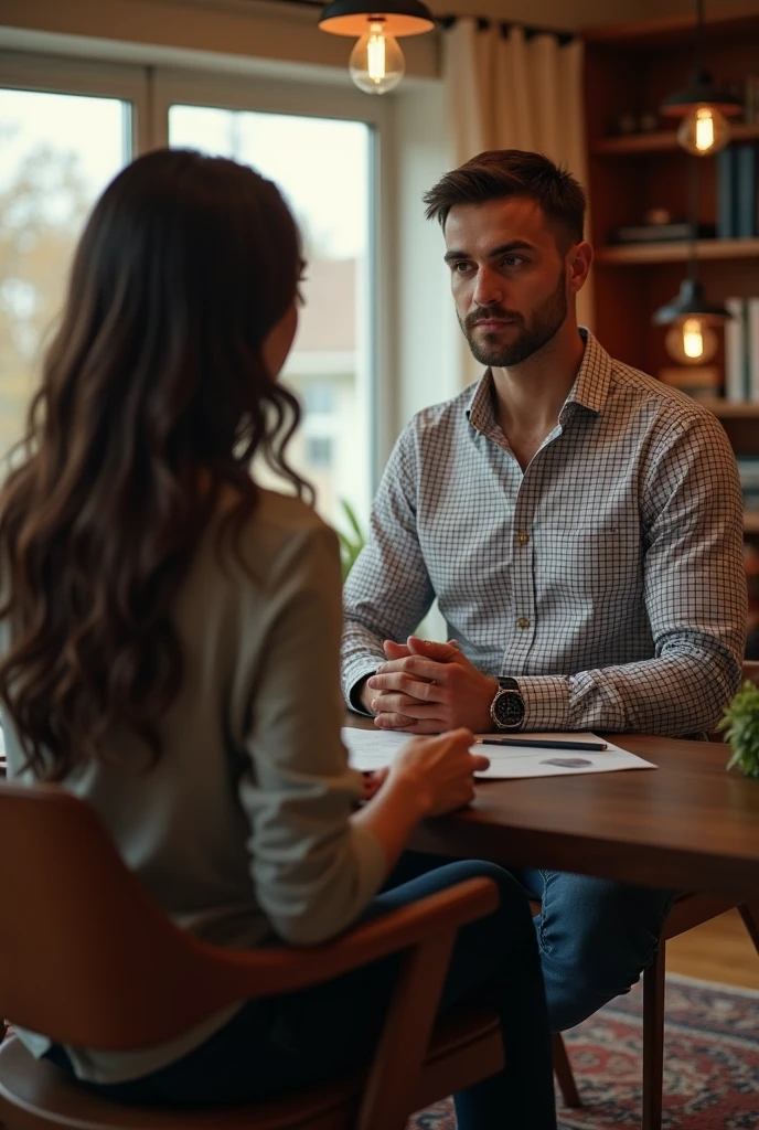 A 2 beautiful pakistani girl is taking interview for job in her office cabin of a 2 turkish boy who is handsome , fair , with short hair wearing a check designed shirt and jeans