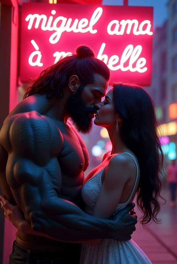 A big neon sign that says "Miguel ama a Michelle" and in front of the neon sign a male ogre with a beautiful black hair, dark skin, human, holding her, kissing each other