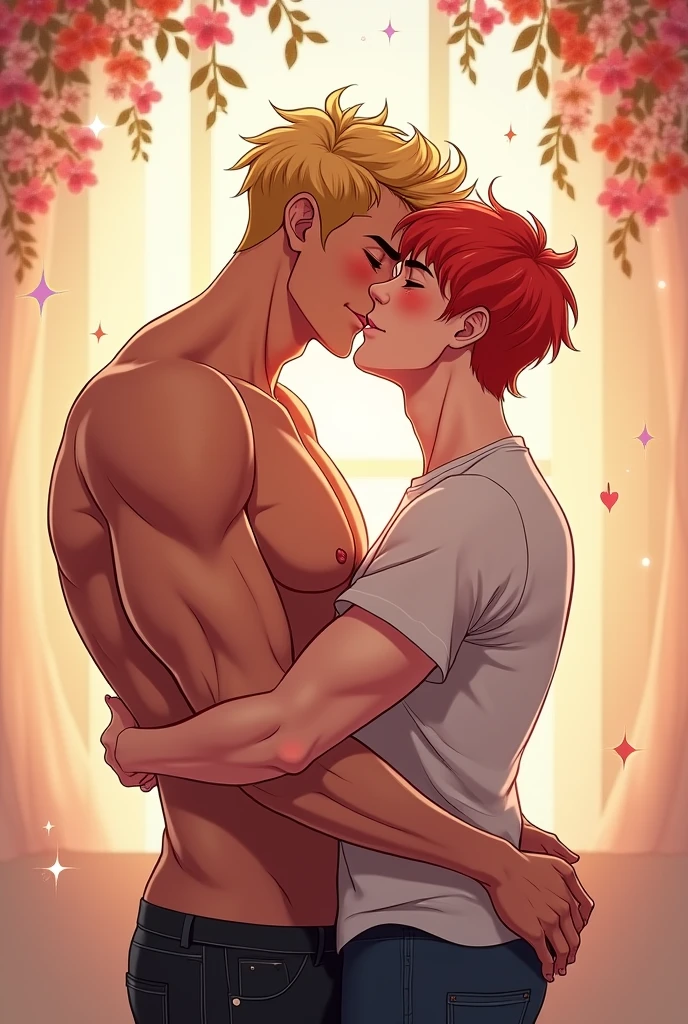Boys love in webtoon style kissing, first guy is muscular and blond and the sefond guy is red haired and small
They are kissing