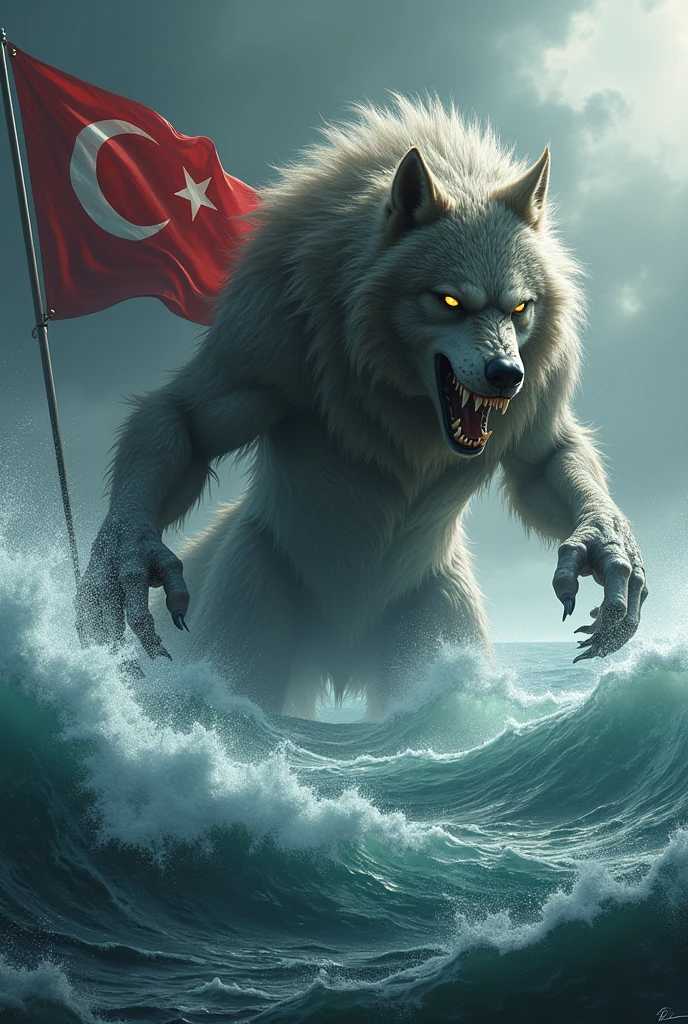 a monster wolf with turkey flag in the sea