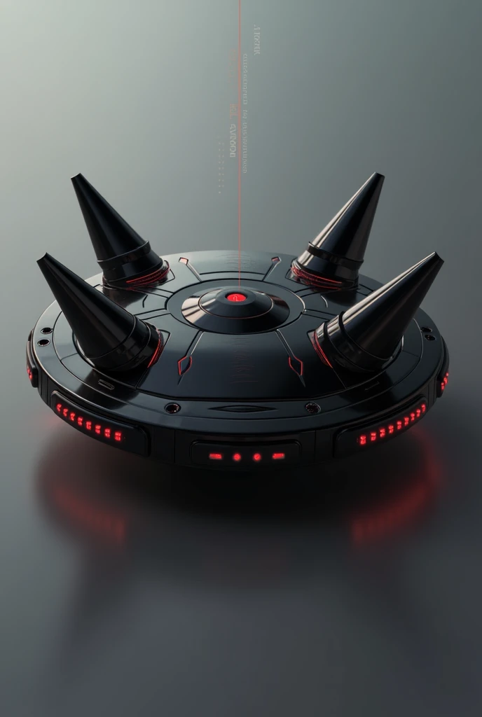 Black round flying machine, with 4 cone-shaped spikes, on the sides and red color