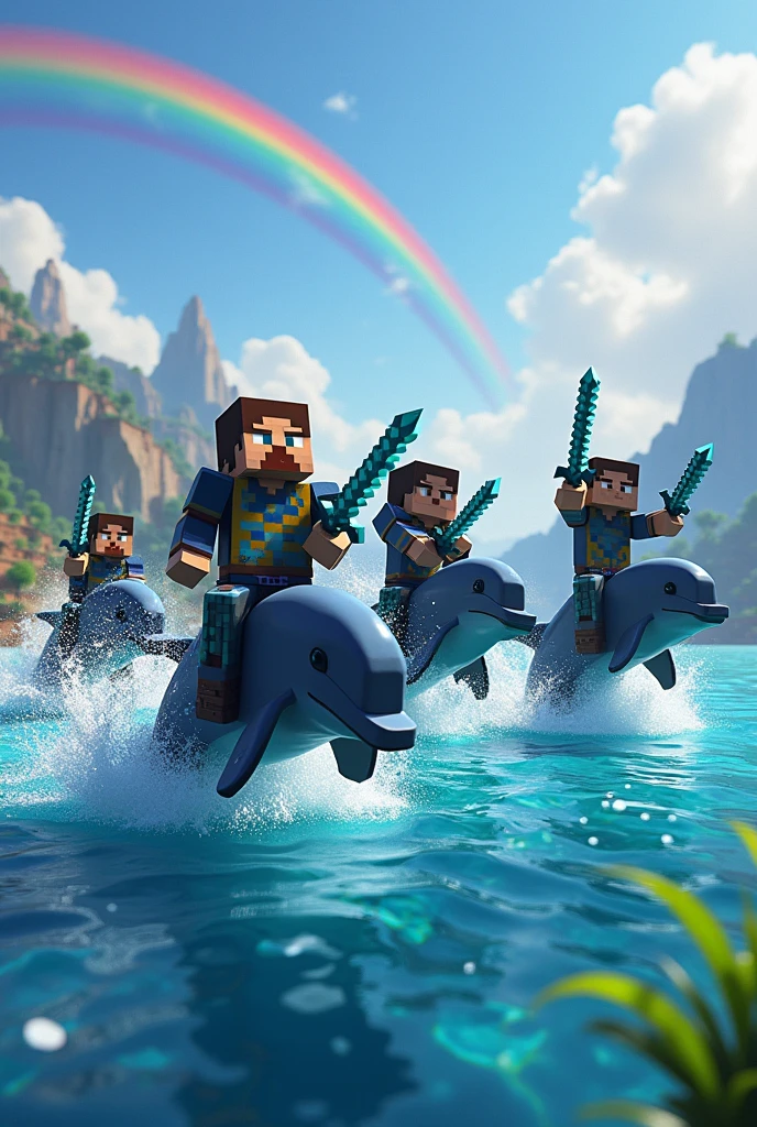 Create a Minecraft-style image showing a sea full of jumping dolphins. About each dolphin, place Minecraft characters wearing full enchanted netherite armor. Be sure to include several vibrant rainbows in the sky, filling the scene with color. The background must be a Minecraft landscape depicting a marine environment. Each character must hold a sword, And also, Each one must have a skin that represents a famous person. But that character must be riding dolphins 