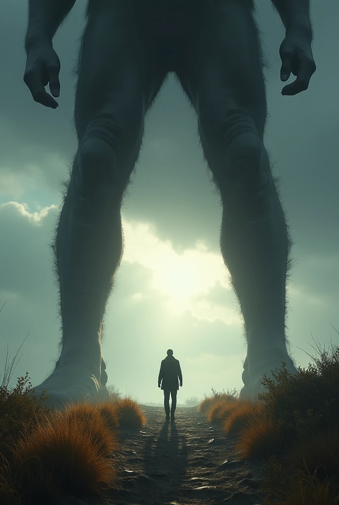 ((High definition, Masterpiece, 8k, Digital Photography, Digital Art)), ((Natural illumination)), contrast, white illumination, ((A tiny man walking under the legs of a giantess)), curious, ((Low angle perspective))