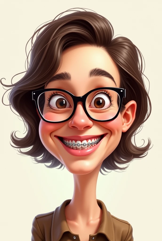 Caricature of an adult person, brunette with glasses and braces