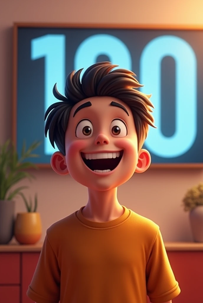 Ek aisa tasvir bnao jiske andar ek baccha khush ho raha hai ki uska YouTube mein 100k subscriber ho Gaya aur background mein ek screen lagao jismein 100 ke likha hua ho 15 sal ka ladka Khush hona chahie uska position sidha ho background mein Koi bhi na ho sirf ek screen ho baccha district ho aur background mein lighting ho screen sahi se najar Aaye jismein 100 ke likha hua ho Sahi banaya lekin vahan per ke Nahin likha hua ek lakh Nahin likha hua hai