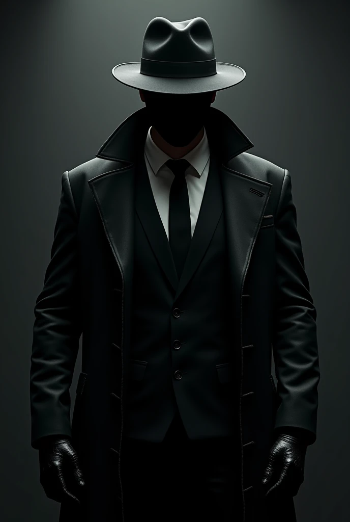 A man wearing a black suit and black tie and a black trench coat and is also wearing black pants and black shoes and a black fedora and has a black mask that fully covers the head and face leaving no trace of the face and is also wearing a white collar and is also wearing black gloves and the ears cant be seen
