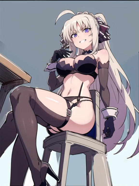 prison, concrete wall, concrete floor, ((bare shoulders)), ((black bustier)), ((black stockings)), ((black g-string)), ((black high heels)), ((black garter belt)), ((black elbow gloves)), ((chair)), ((female sitting in a chair)), ((evil grin)), (((((from below))))), looking at viewer, ass pov, ((((looking down)))), ((stare at viewer with stern eyes)),
One girl, Long Hair, Purple eyes, chest, Ahoge, very Long Hair, large breasts, ribbon, hair ribbon, ponytail, bangs,