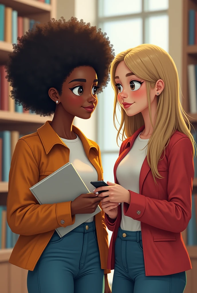 It shows an image showing a young woman with afro hair and dark skin together with her classmate with long straight hair and white skin who is doing market research where she wants to discover the importance of AI today and the impact it has on markets globally..
