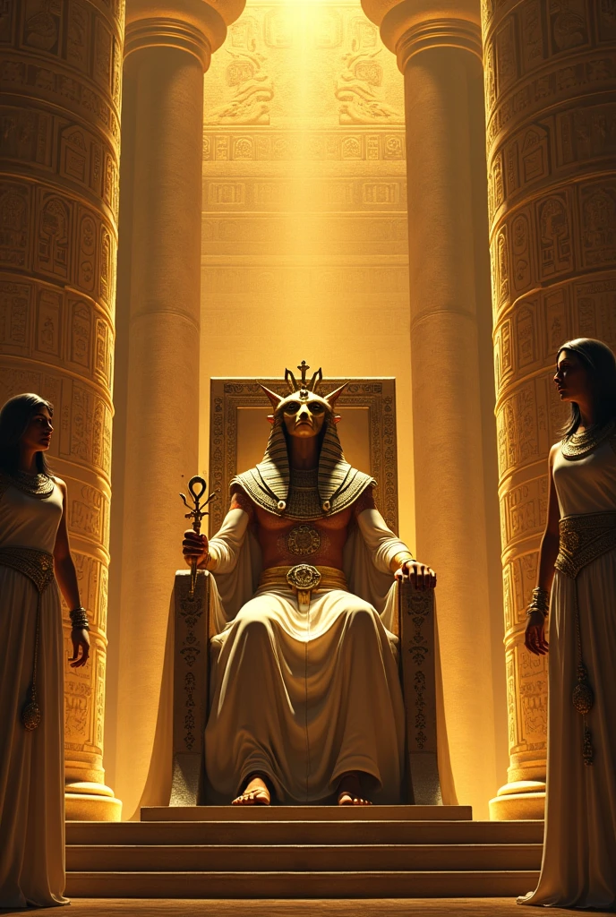 It shows Horus sitting on the throne of Egypt, with the scepter and the ankh in his hands. at your side, Isis and Osiris watch him with pride. The atmosphere must be majestic, with golden pillars and hieroglyphics narrating his victory and the restoration of order in Egypt.