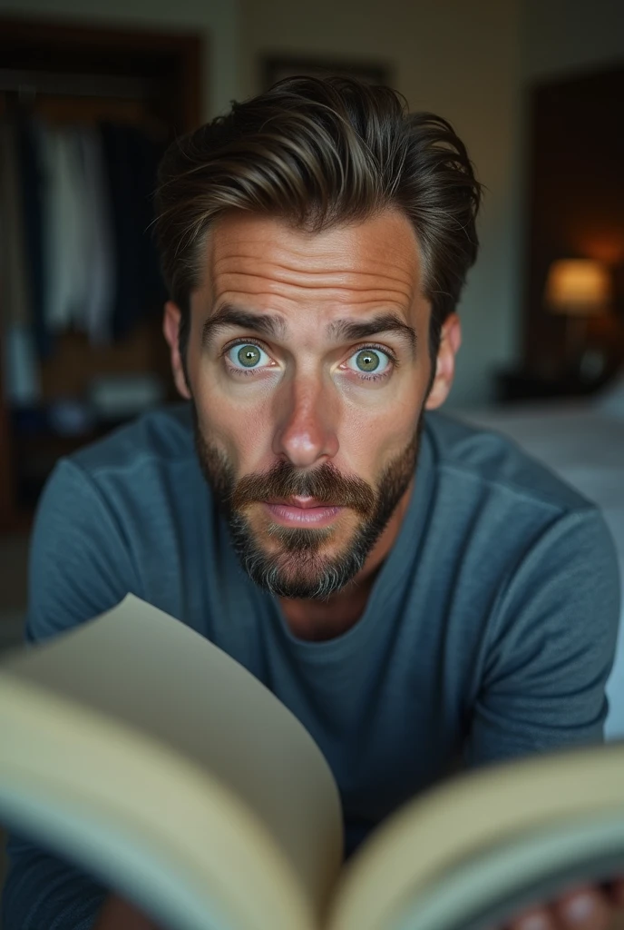 Ultra-realistic portrait of a man in his 40s. He has brown hair with a few white strands, a neatly trimmed beard and green eyes that reflect surprise and emotion. His face is well defined and his expression suggests discovery and introspection. The portrait should be from the waist up. He is wearing a casual shirt.
The man is in a bedroom, holding an open diary. The environment should include elements such as a closet and a bed in the background, but blurred so as not to distract from the main subject.
The lighting should be soft and natural, with daylight coming in through the window, creating subtle shadows that accentuate the man's surprised expression. The light should highlight the green eyes and the texture of the skin, emphasizing the seriousness of the situation.
The image should convey a sense of discovery and introspection, with a touch of emotion. Suggest a neutral color palette, such as greys and blues, that complements the atmosphere of the room.
The photo should be of high quality, with 8k rendering and extreme detail, capturing the emotional essence of the moment.