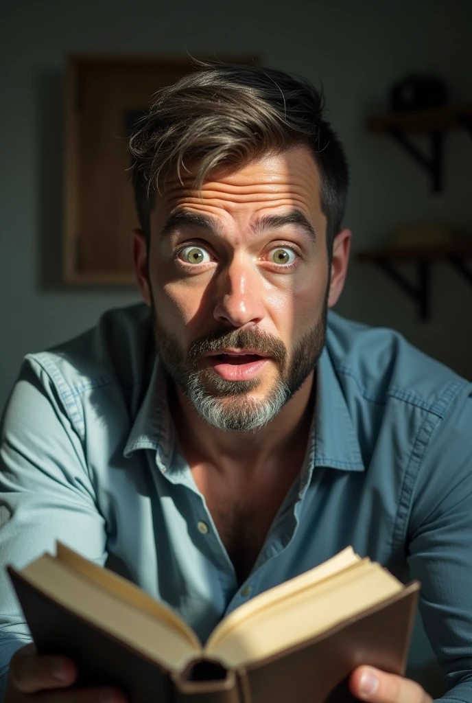 Ultra-realistic portrait of a man in his 40s. He has brown hair with a few white strands, a neatly trimmed beard and green eyes that reflect surprise and emotion. His face is well defined and his expression suggests discovery and introspection. The portrait should be from the waist up. He is wearing a casual shirt.
The man is in a bedroom, holding an open diary. The environment should include elements such as a closet and a bed in the background, but blurred so as not to distract from the main subject.
The lighting should be soft and natural, with daylight coming in through the window, creating subtle shadows that accentuate the man's surprised expression. The light should highlight the green eyes and the texture of the skin, emphasizing the seriousness of the situation.
The image should convey a sense of discovery and introspection, with a touch of emotion. Suggest a neutral color palette, such as greys and blues, that complements the atmosphere of the room.
The photo should be of high quality, with 8k rendering and extreme detail, capturing the emotional essence of the moment.