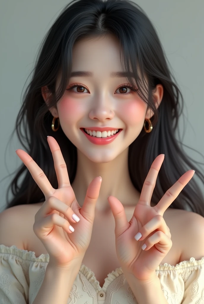 beautiful and sweet Korean girl cheerful, making peace sign with her fingersCabelo comprido, high resolution, laughter, blushful, Bblack hair, high resolution, best qualityer, detail, details altos, HD Model, 品質, high qualiy, super detaill, ultra HD, Surrealism, 真实感, portrait photography, hyper- realism, hyperdetailed, 3D rendering,