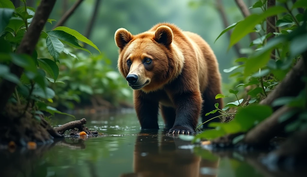 bear captured in a lush green jungle, the bear is in the middle right of the photo, lively gaze, with a reflection of water. photo of the bear seen from a distance, head down and looking straight ahead, the bear's fur is a bright, with a lively gaze and striking green eyes. The image is sharp and detailed, creating a sense of depth and focus on the bear, breathtaking images, high definition. (ultra realistic) extreme details, (best quality, 4k, 8k, high resolution, masterpiece: 1.5)