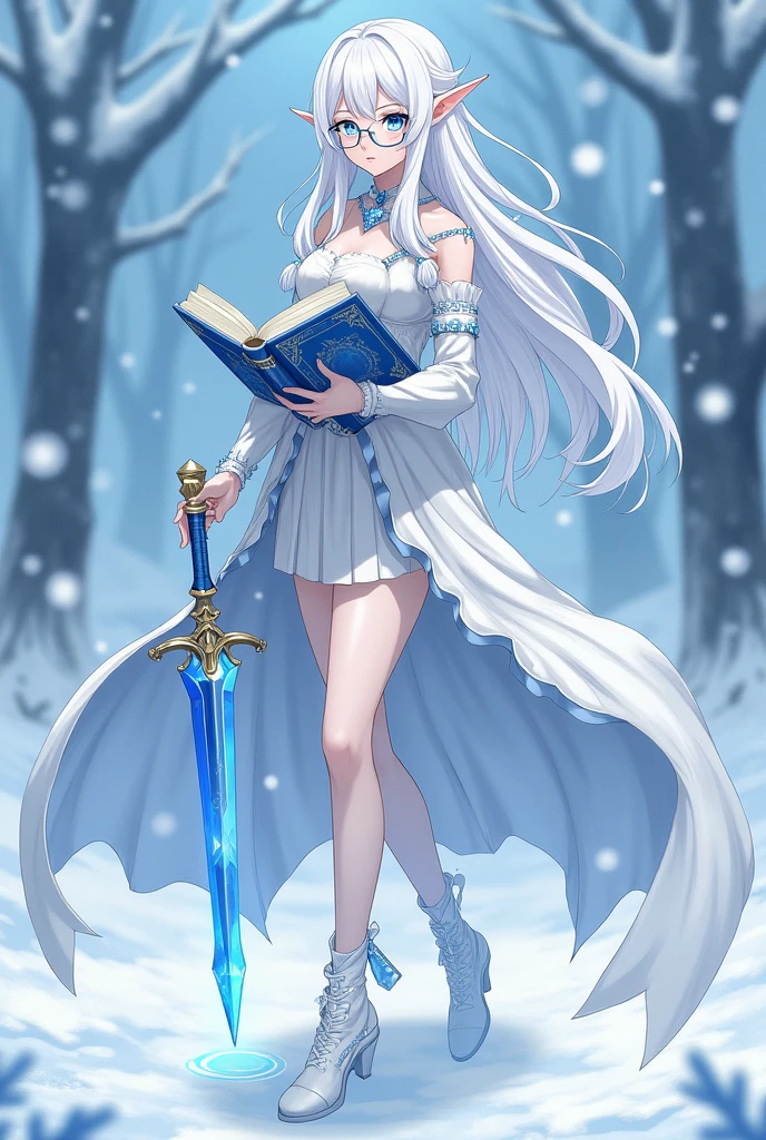 Create an pallid elf woman named Weiss Winterfall. She is a 1 girl with long white hair, snow-pale skin, icy blue eyes, and glasses. She is also a Chronurgy wizard who wields a crystal dagger on her side. She also has an open spellbook in her right hand and a crystal blue wand in her left. Weiss also lives in a country full of snow and ice. Furthermore, draw her with a more mature and intellectual demeanor. Draw her in the Yamada and the seven witches anime style.