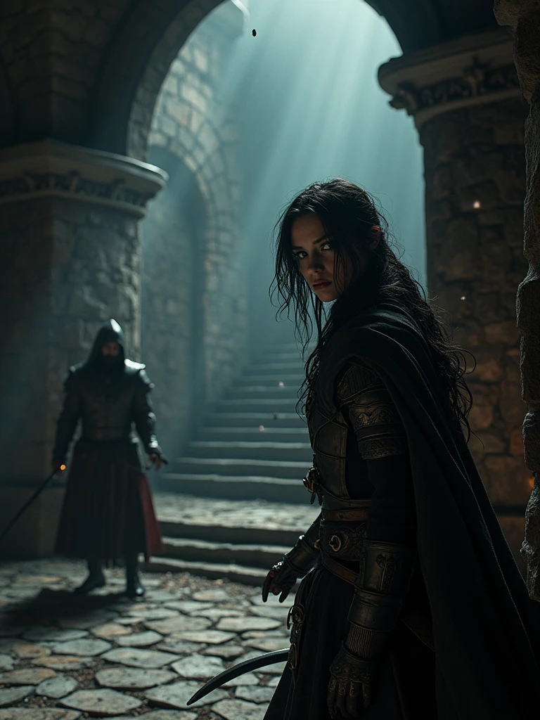 (masterpiece:1.2), (best quality:1.2), 8k, HDR, ultra detailed, ((photorealistic)), professional light, cinematic lighting, fashion photography, ambient lighting, background, a dark medieval dungeon, Darkness, epiCPhoto, fire, stairs, A female thief in cloth armor, shadow and light on her face. Black hair and eyes. Thick lips, warrior smashing the door with a sword, particles floating