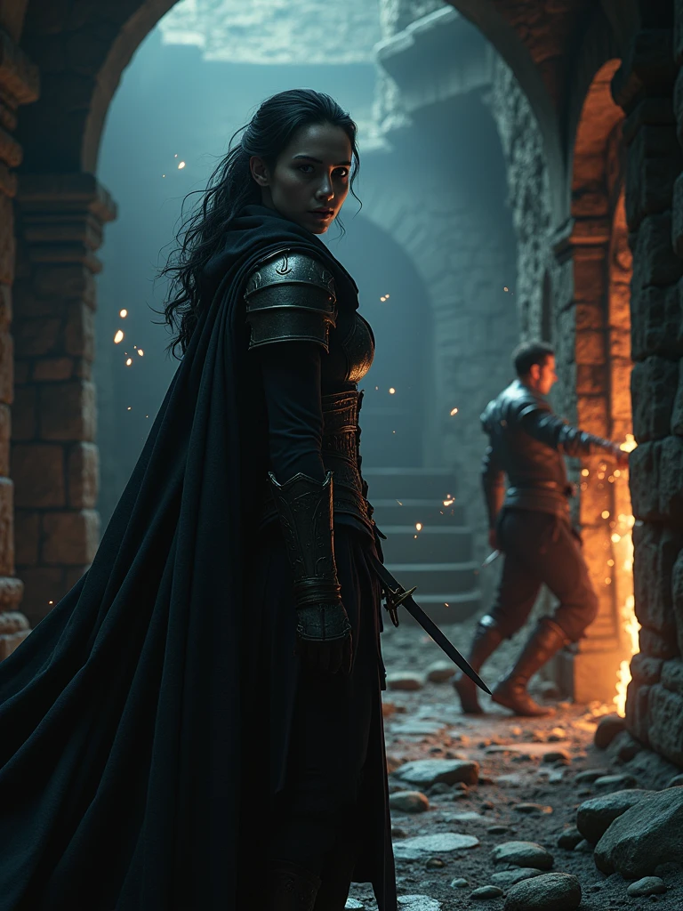 (masterpiece:1.2), (best quality:1.2), 8k, HDR, ultra detailed, ((photorealistic)), professional light, cinematic lighting, fashion photography, ambient lighting, background, a dark medieval dungeon, Darkness, epiCPhoto, fire, stairs, A female thief in cloth armor, shadow and light on her face. Black hair and eyes. Thick lips, warrior smashing the door with a sword, particles floating