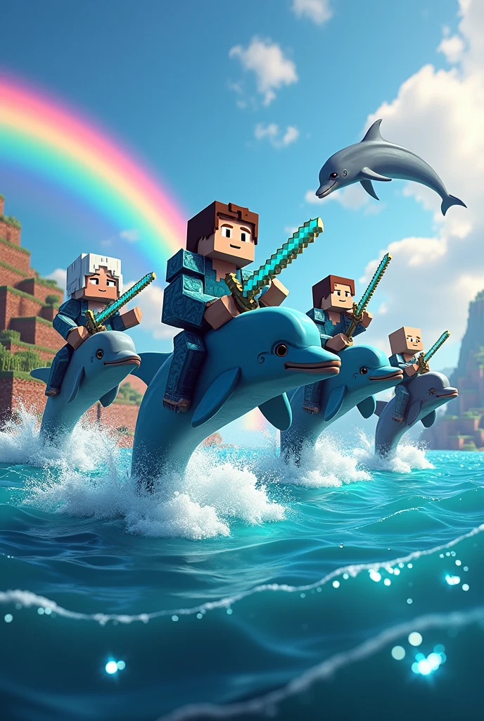 Create a Minecraft-style image showing a sea full of jumping dolphins. About each dolphin, place Minecraft characters wearing full enchanted netherite armor. Be sure to include several vibrant rainbows in the sky, filling the scene with color. The background must be a Minecraft landscape depicting a marine environment. Each character must hold a sword, And also, Each one must have a skin that represents a famous person. But that character must be riding dolphins 