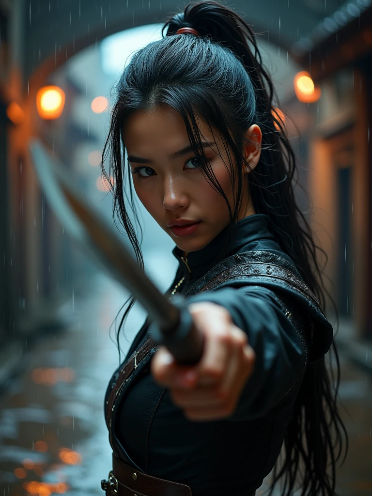 Close-up of a beutiful asian assassin smiling while holding a dagger at the viewer, leather fullbody armor, long hair in a very messy ponytail of wavy hair, atmospheric moody, under a dark stone bridge, alleyway lit by torches, ((rainy, wet)))
