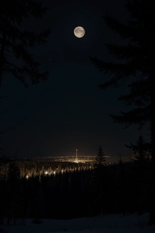 Beautiful landscape of a dark forest with the moon shining in the distance