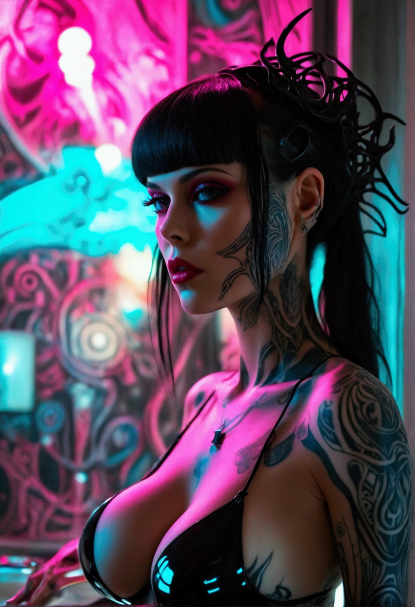 Stunningly gorgeous beautiful perfect hr giger tattooed sexy seductive demonic girl, perfect face, hyper detailed neon ruby, large breasts, full body view, nude, no color black and white only